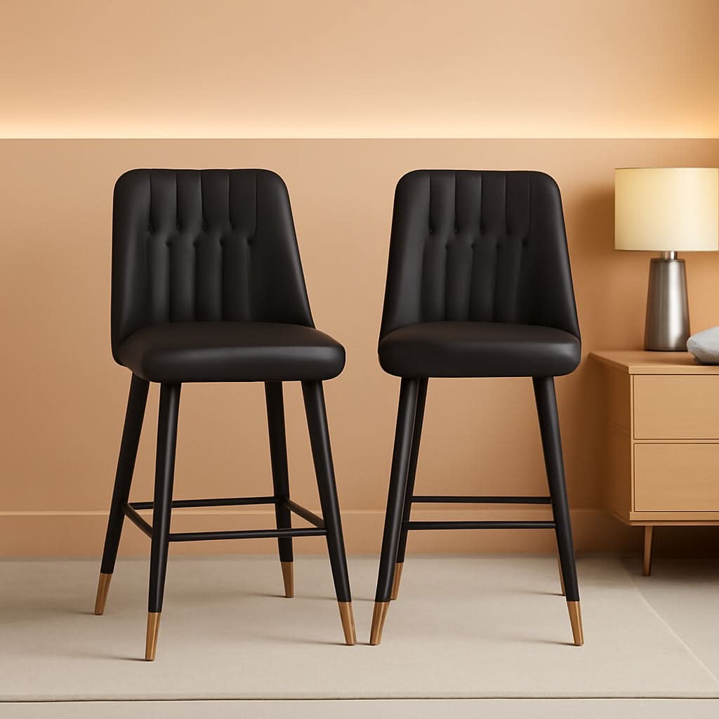 27 Inch Black Counter Height Bar Stool Set With Back Faux Leather