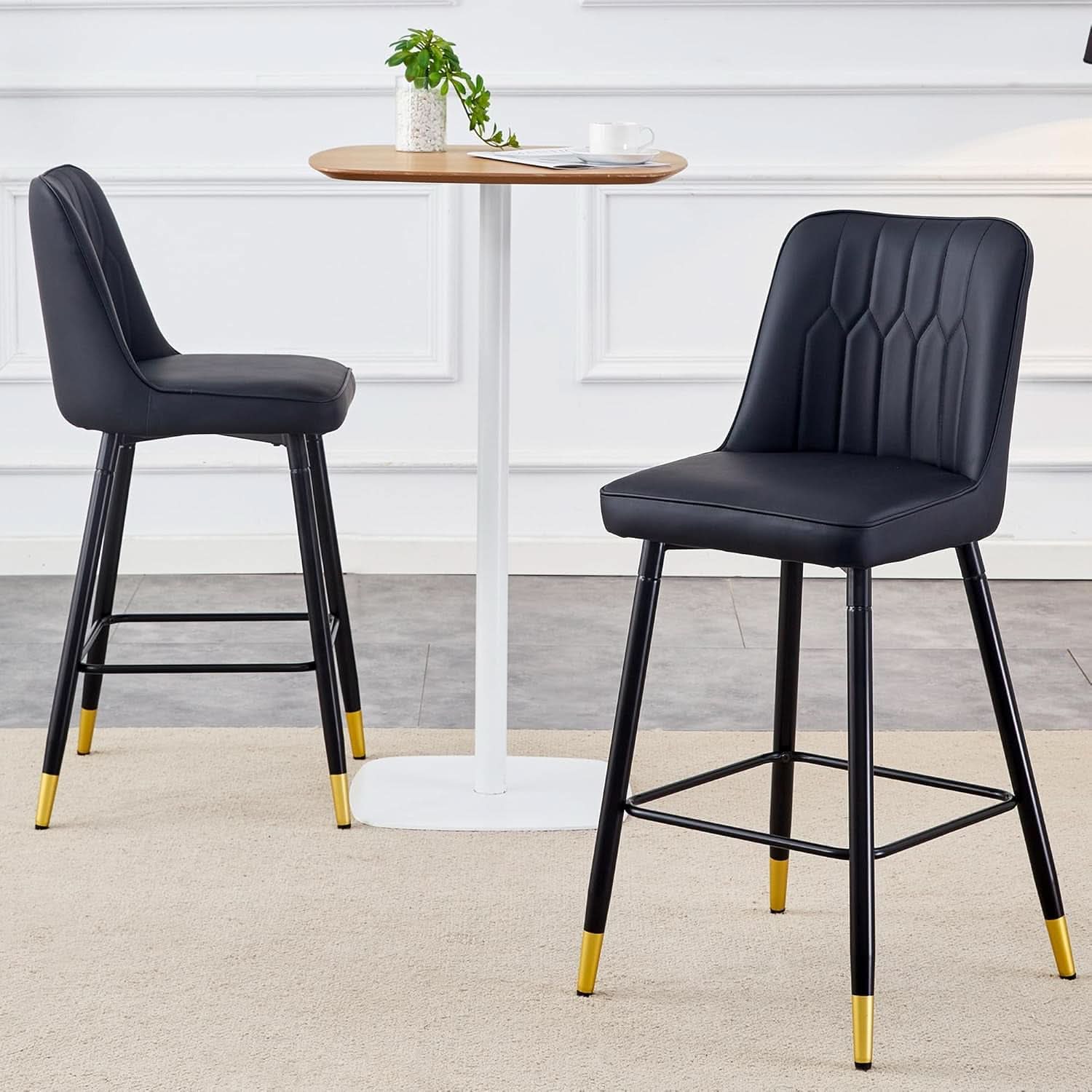 27 Inch Black Counter Height Bar Stool Set With Back Faux Leather