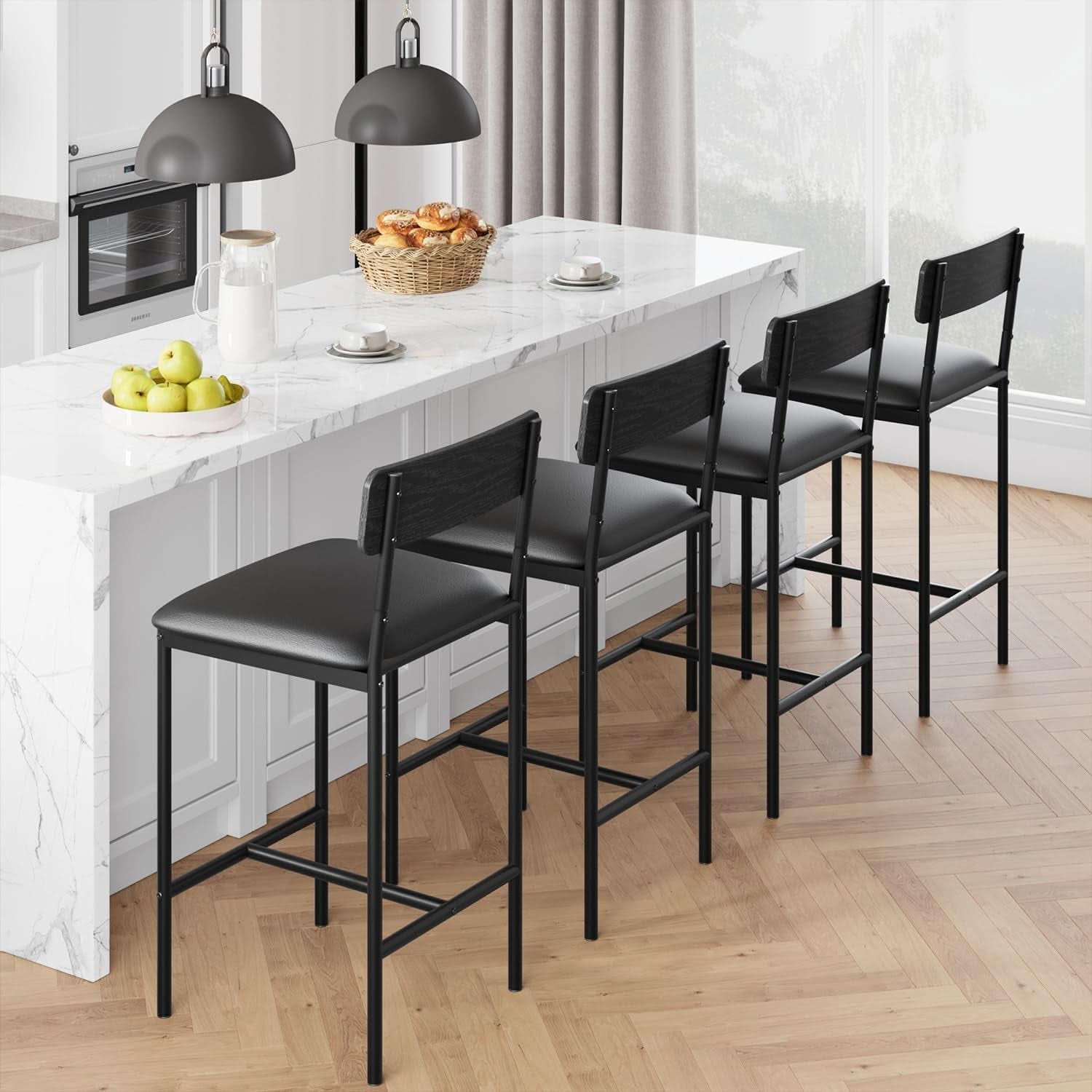 Bar Stools Four Pack With Back 25.5 Inch Rustic Black