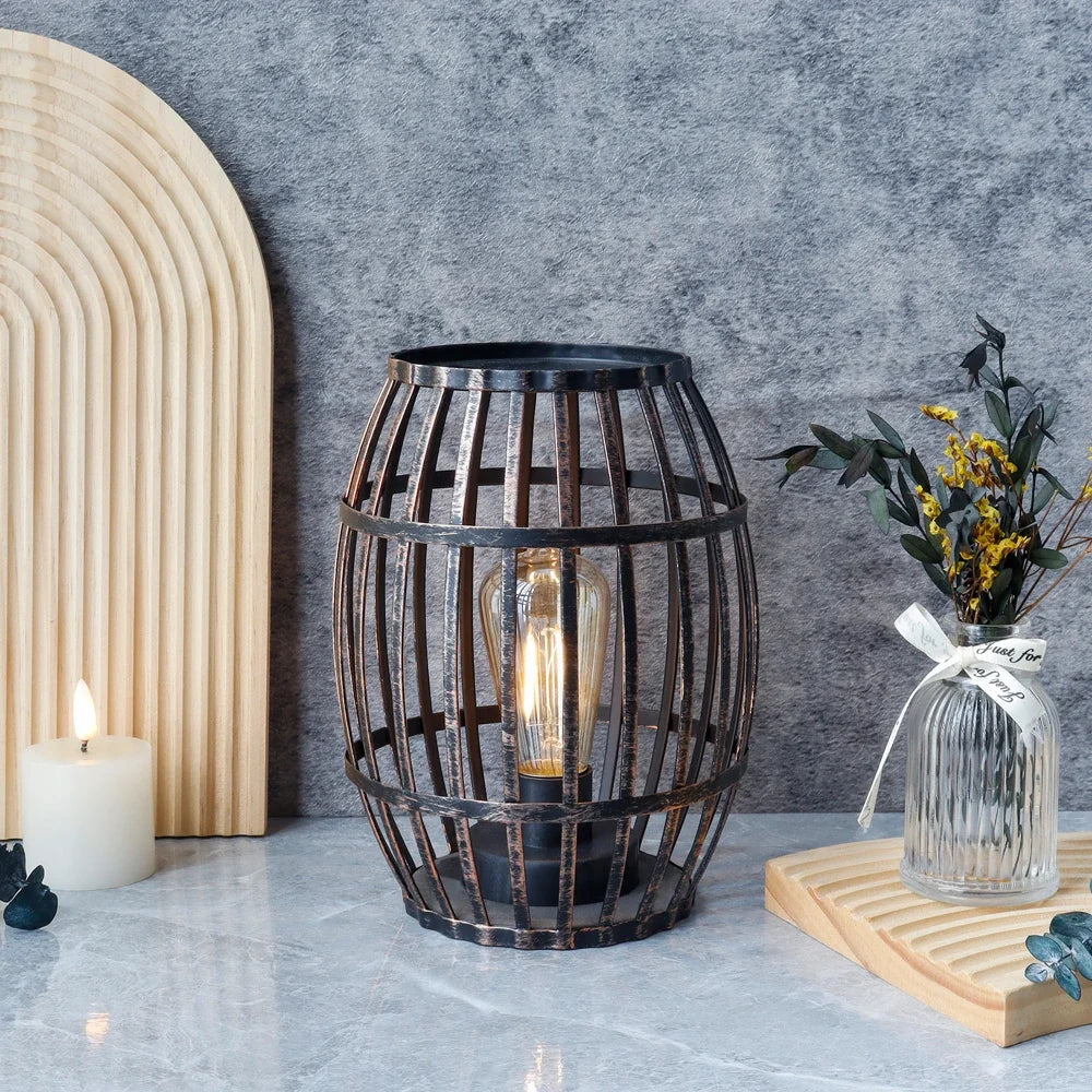 8"H Cordless Metal Wine Barrel Lamp(Black Brushed Gold)