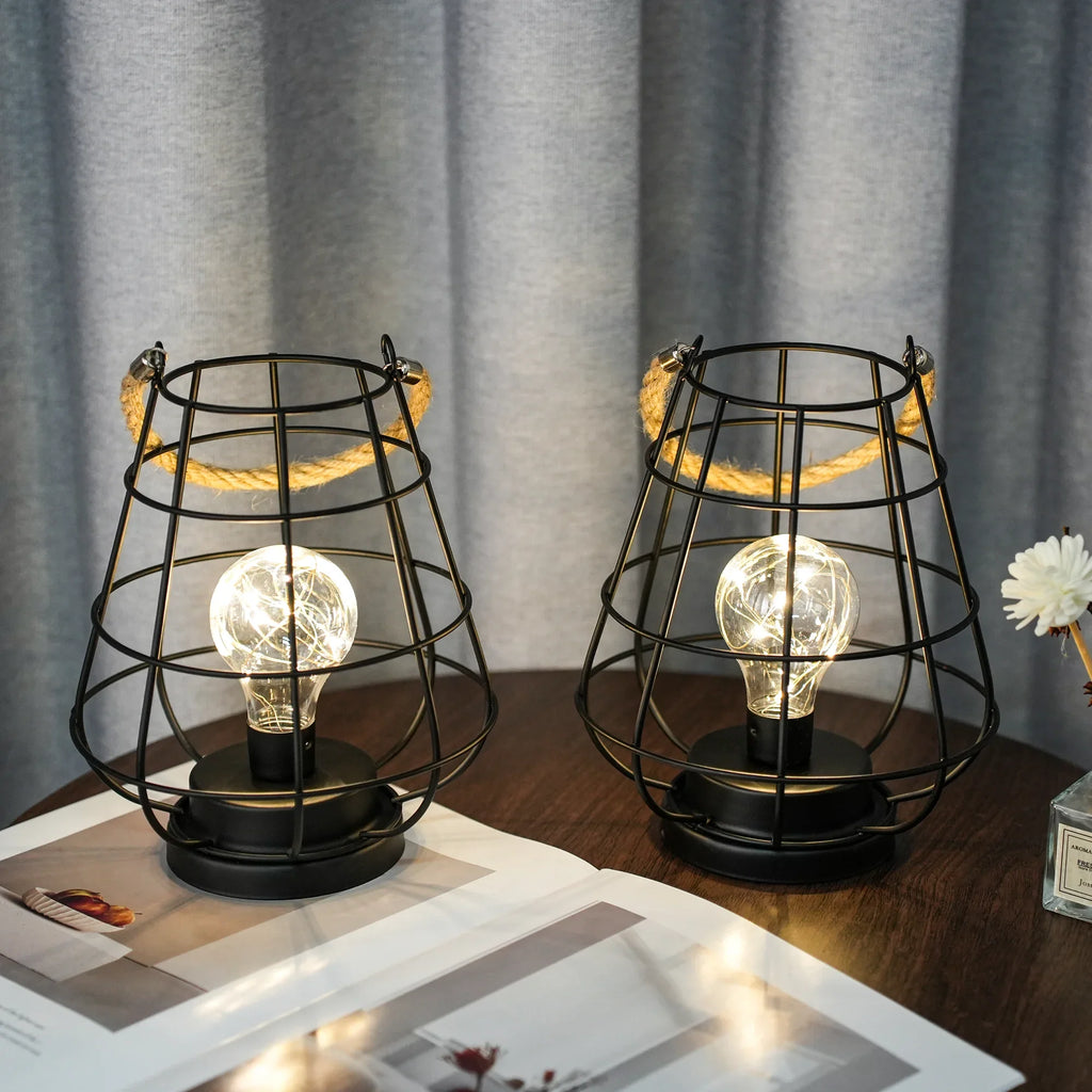 Set of 2 Cage Bulb Lantern Decorative Table Lamps