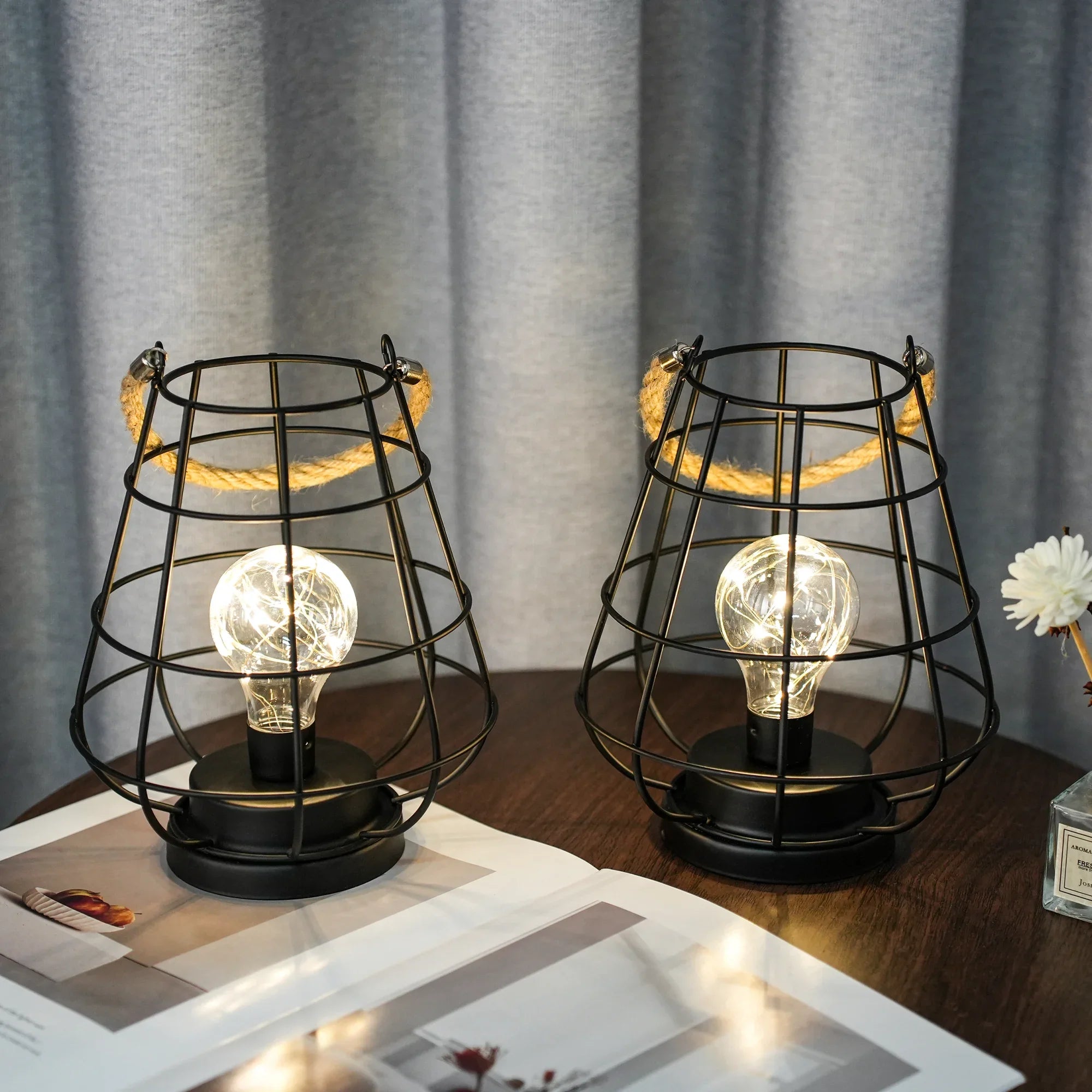 Set of 2 Cage Bulb Lantern Decorative Table Lamps