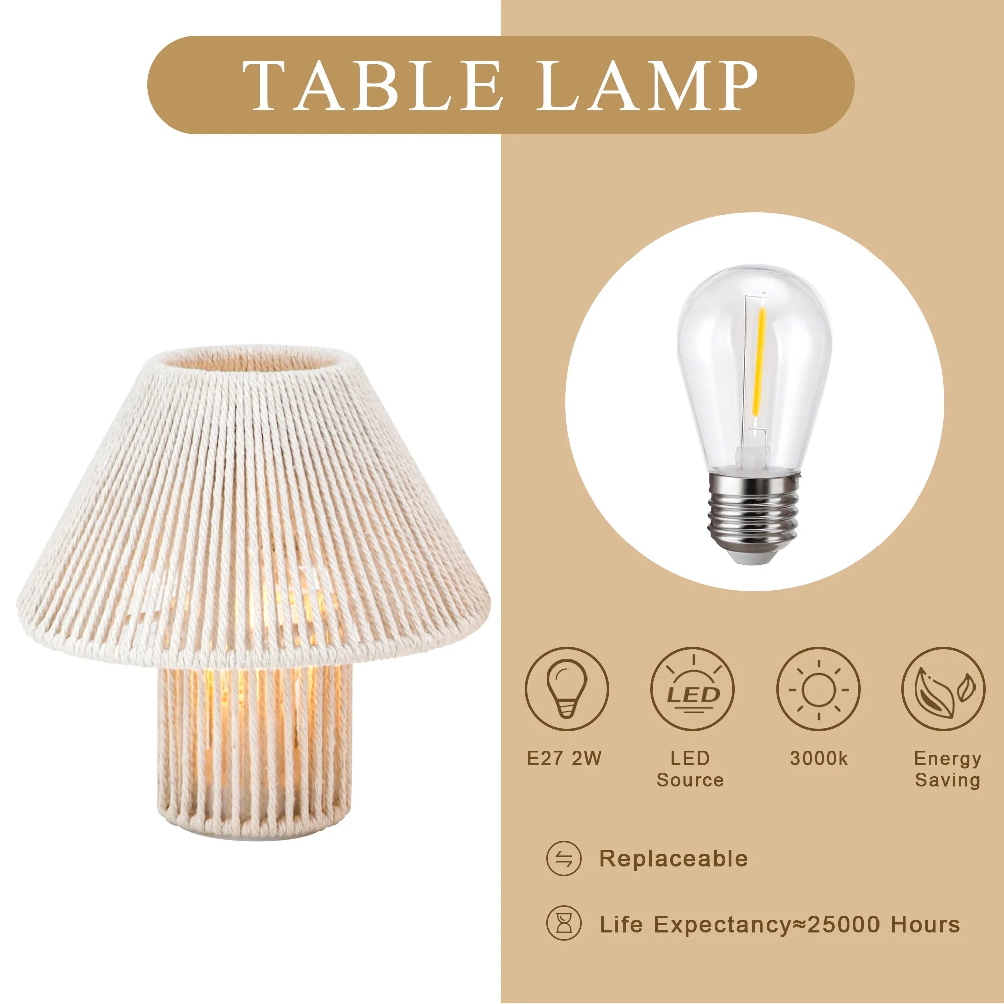 Set of 2 Woven Cotton Rope LED Cordless Table Lamp