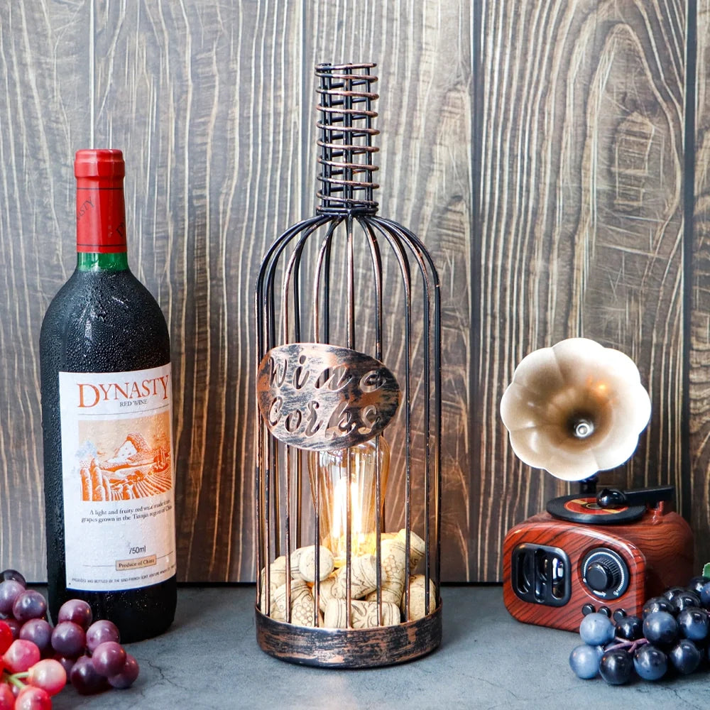 13.5”H Cordless Metal Wine Cork Holder Lamp