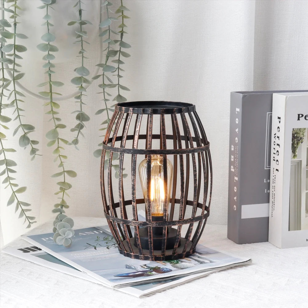 8"H Cordless Metal Wine Barrel Lamp(Black Brushed Gold)