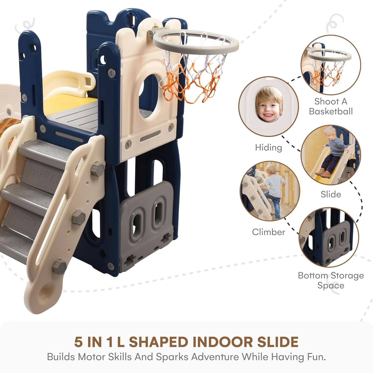 Toddler Playhouse With Slide Freestanding Blue Yellow