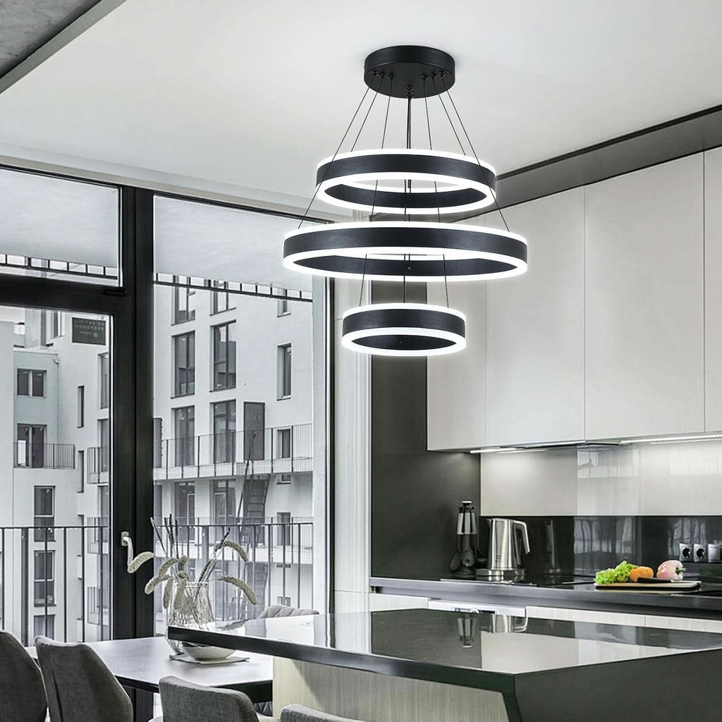 Black Adjustable LED Three Ring Pendant Light Fixture