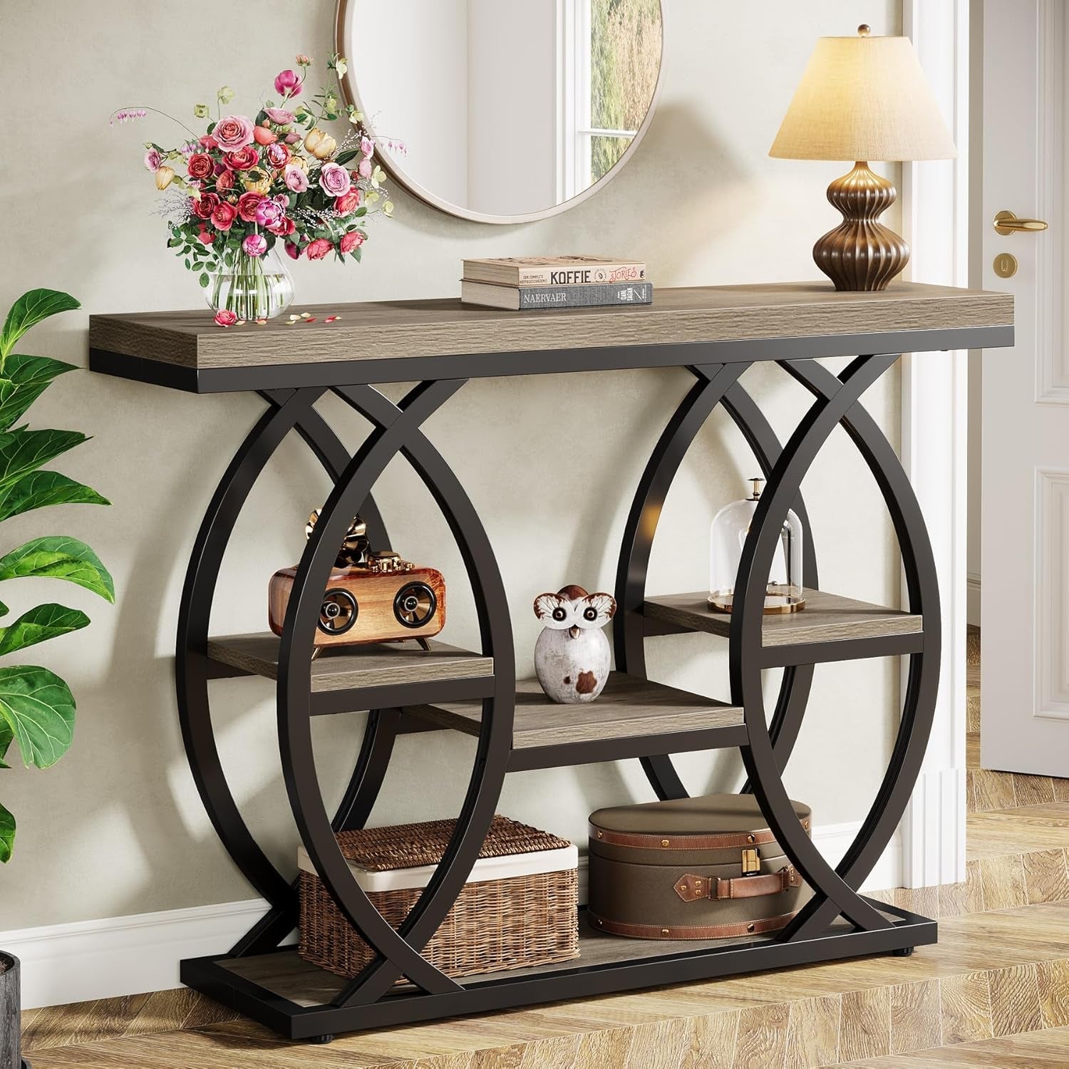 Grey Industrial 39.4in Narrow Console Table Storage