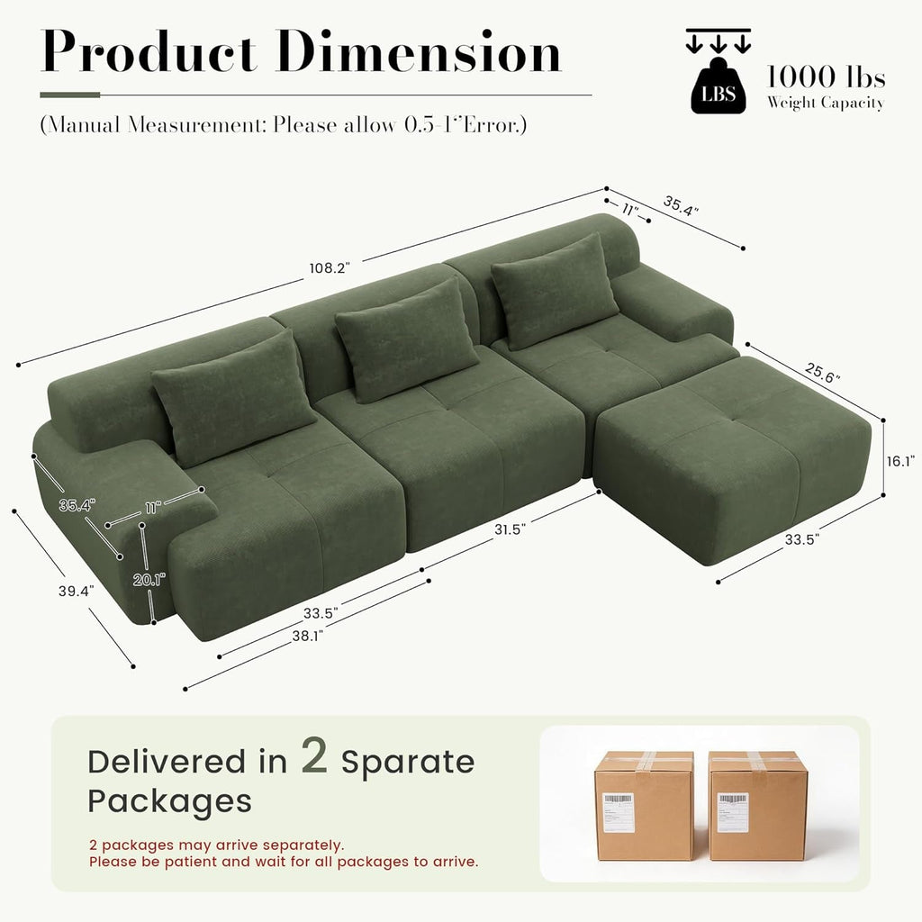 Green Corduroy 108 Inch Luxurious Sectional Sofa Set