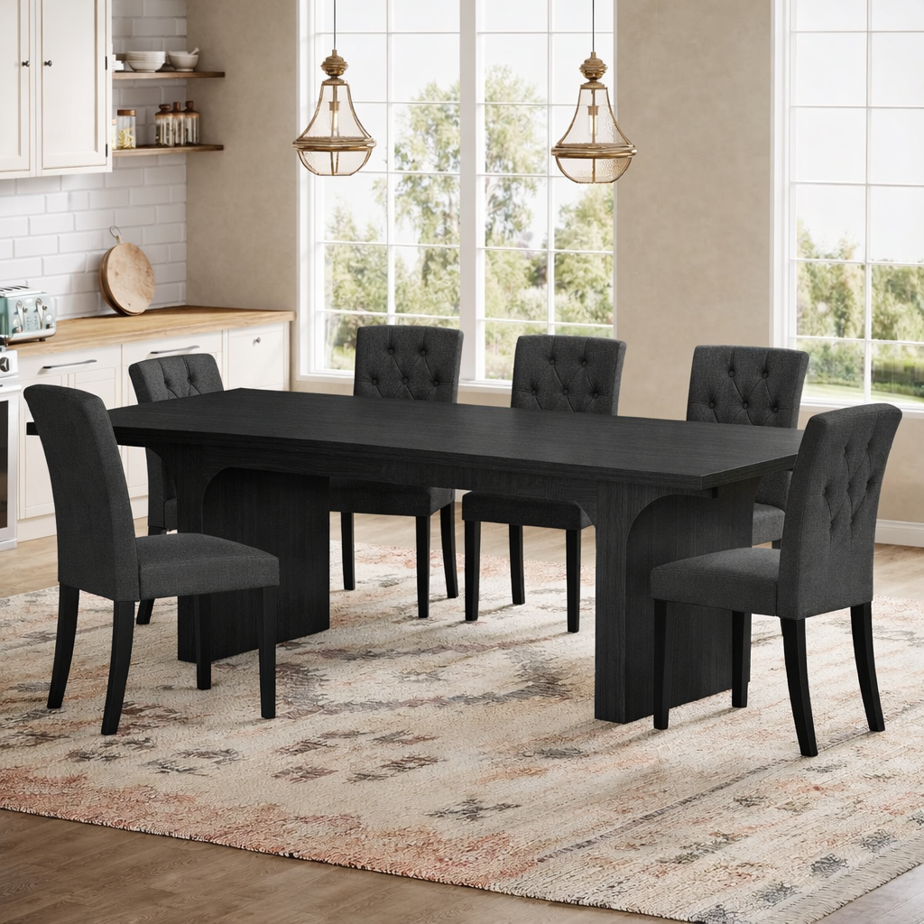 71 Inch Black Farmhouse Dining Table Set with 6 Tufted Upholstered Chairs