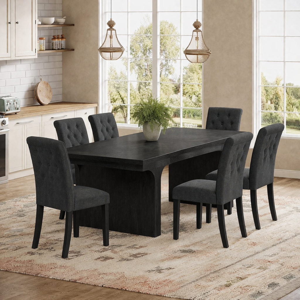 71 Inch Black Farmhouse Dining Table Set with 6 Tufted Upholstered Chairs