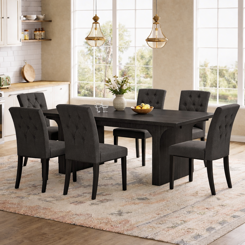 71 Inch Black Farmhouse Dining Table Set with 6 Tufted Upholstered Chairs