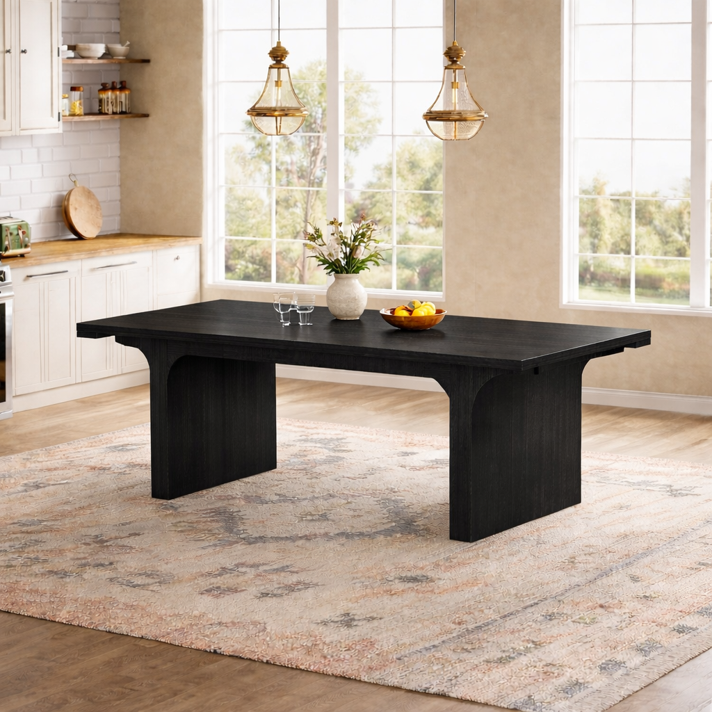 71 Inch Black Farmhouse Dining Table Set with 6 Tufted Upholstered Chairs