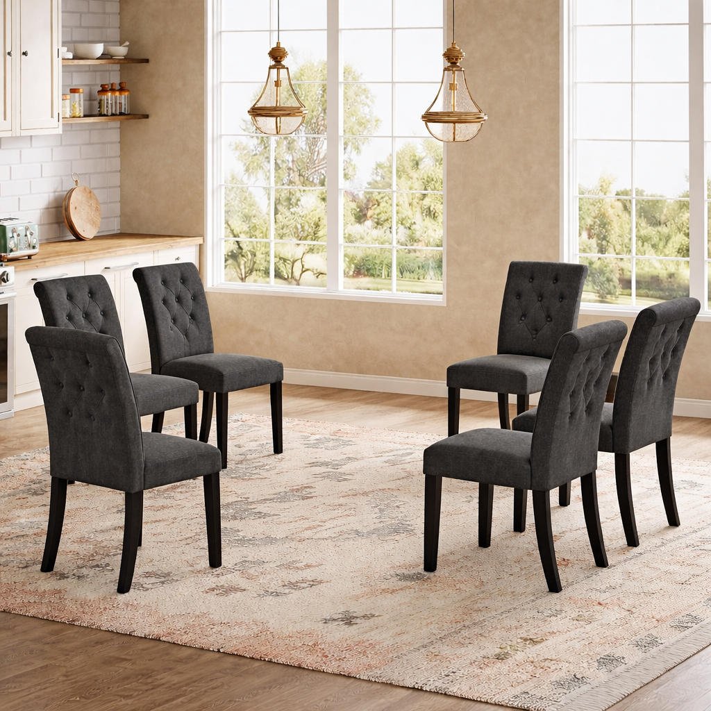 71 Inch Black Farmhouse Dining Table Set with 6 Tufted Upholstered Chairs