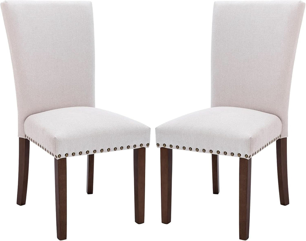 Beige Linen Upholstered High Back Counterheight Chairs