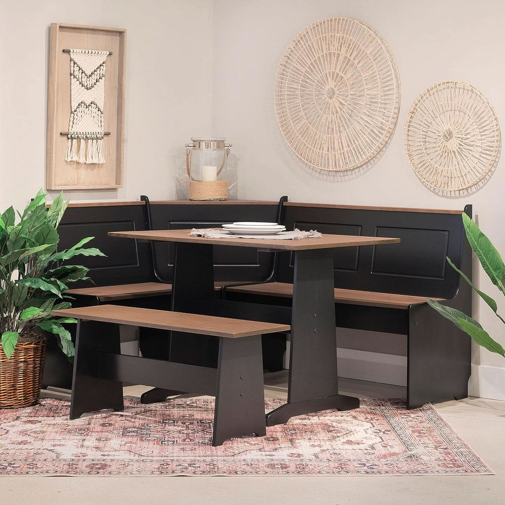 Black Pecan Five Seat Dining Set With Storage Benches