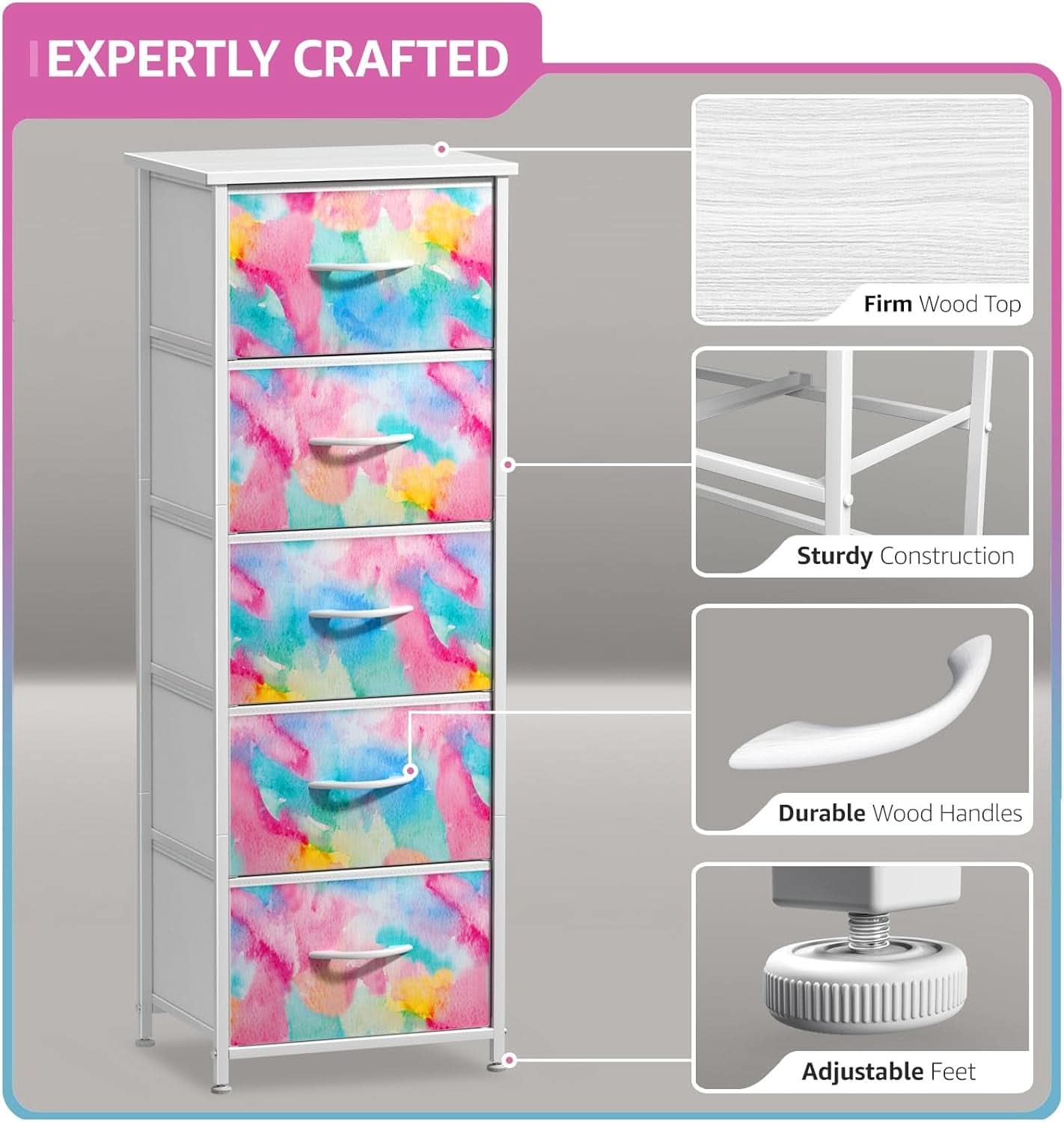 Kids Dresser Five Drawer Storage Chest With Fabric Drawers