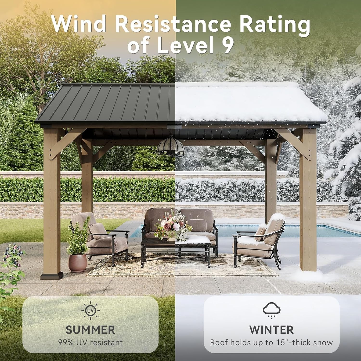 10x12 Outdoor Wooden Gazebo With Weatherproof Roof
