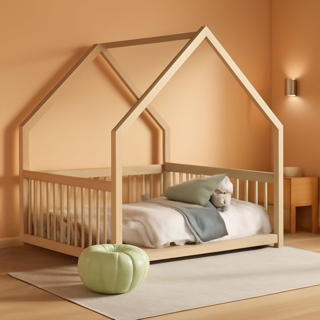 Full Size House-Shaped Natural Wooden Kids Floor Bed