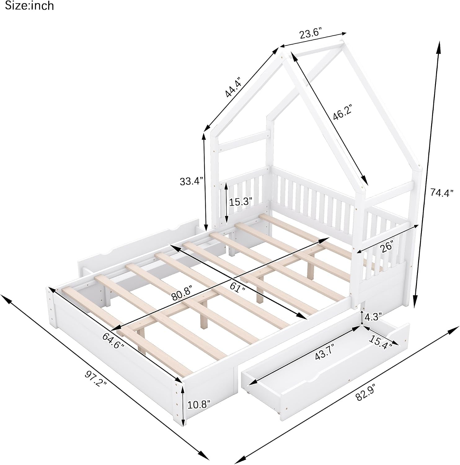 Queen Size House Bed Frame With Under Bed Storage Drawers