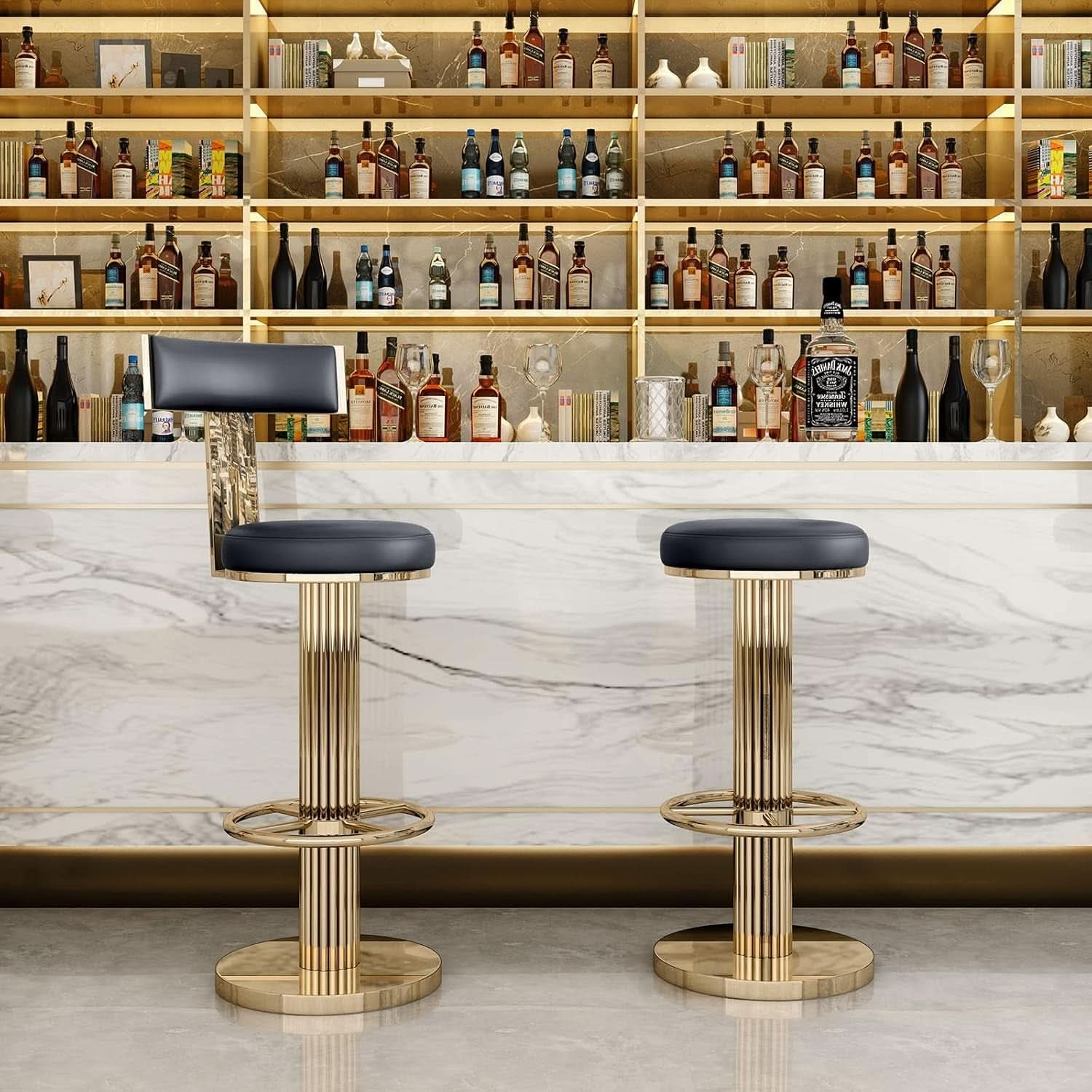 Black Gold Swivel Bar Stool With Backrest And Adjustable