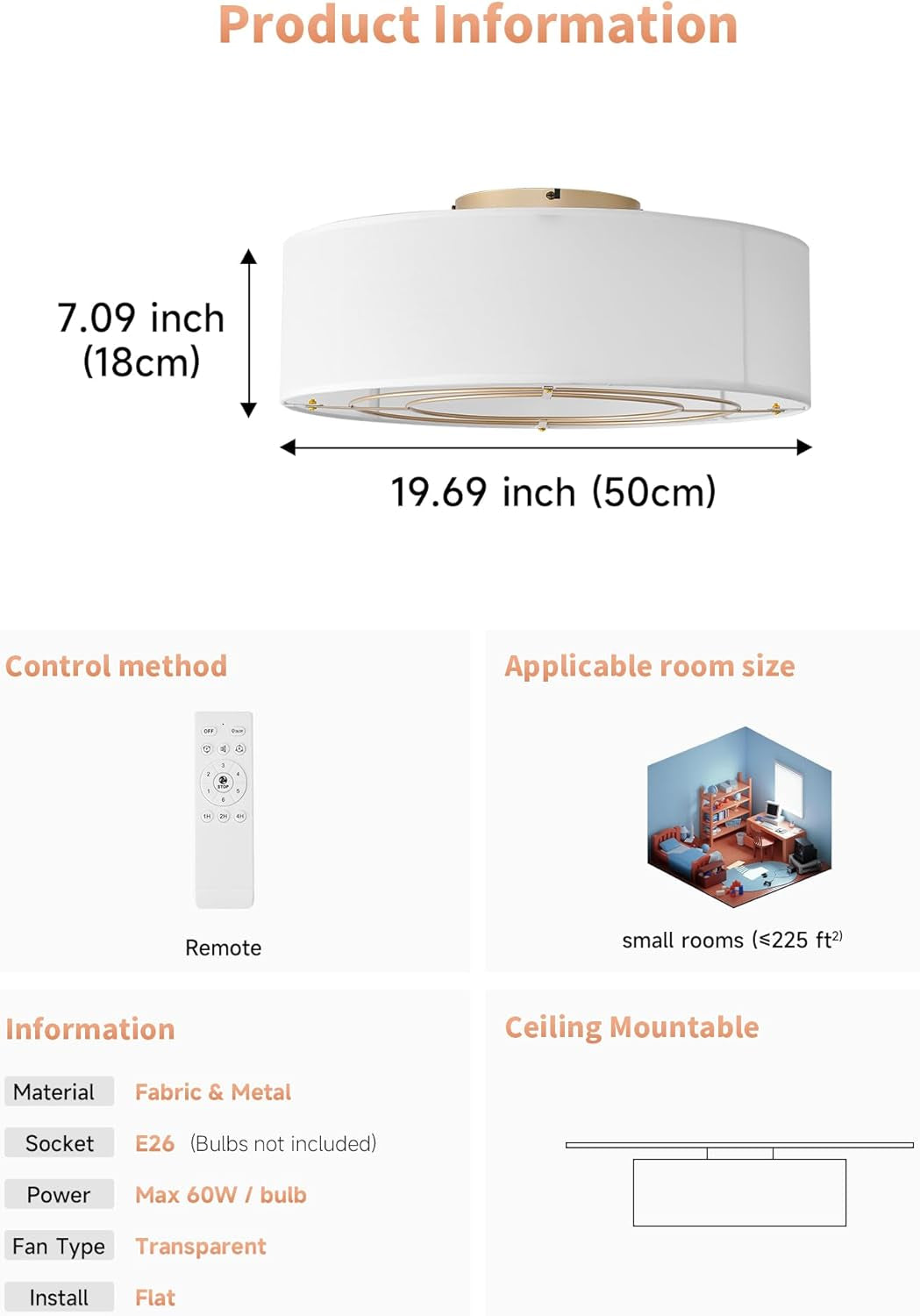 20Inch Boho Bladeless Flush Ceiling Fan Ambient Light