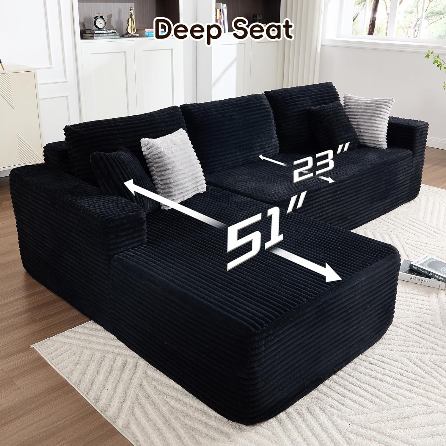 108 Inches Left Facing High End Sectional Sofa Black