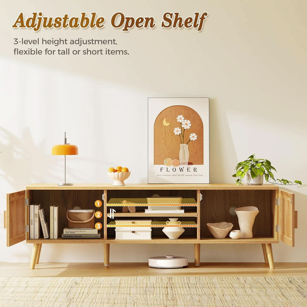 65 Inch Boho TV Stand With Rattan Entertainment Center