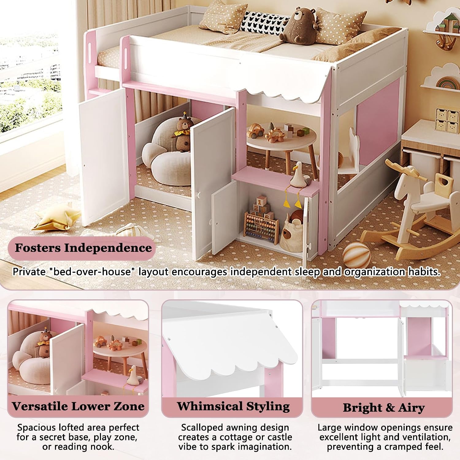 Full Size Loft Bed With Playhouse Cabinets