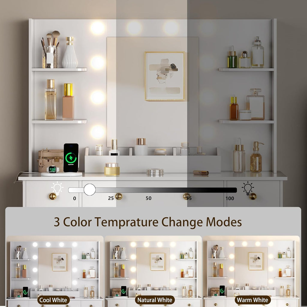 White Vanity Desk With Mirror LED Lighting System With USB Ports