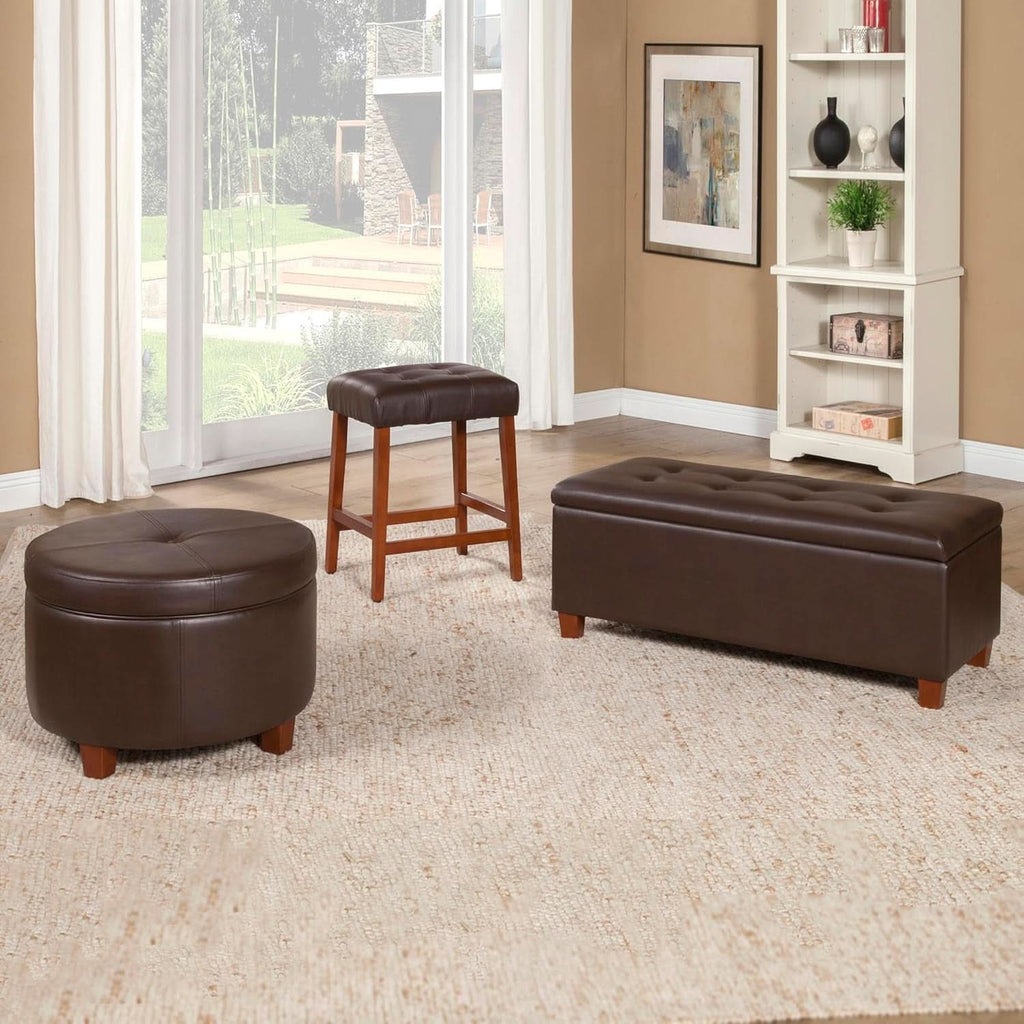Round Leatherette Storage Ottoman Chocolate Brown Large