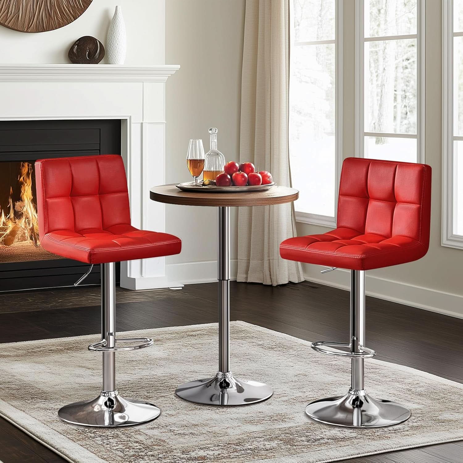 Red Adjustable PU Leather Swivel Bar Stools Set Of 2