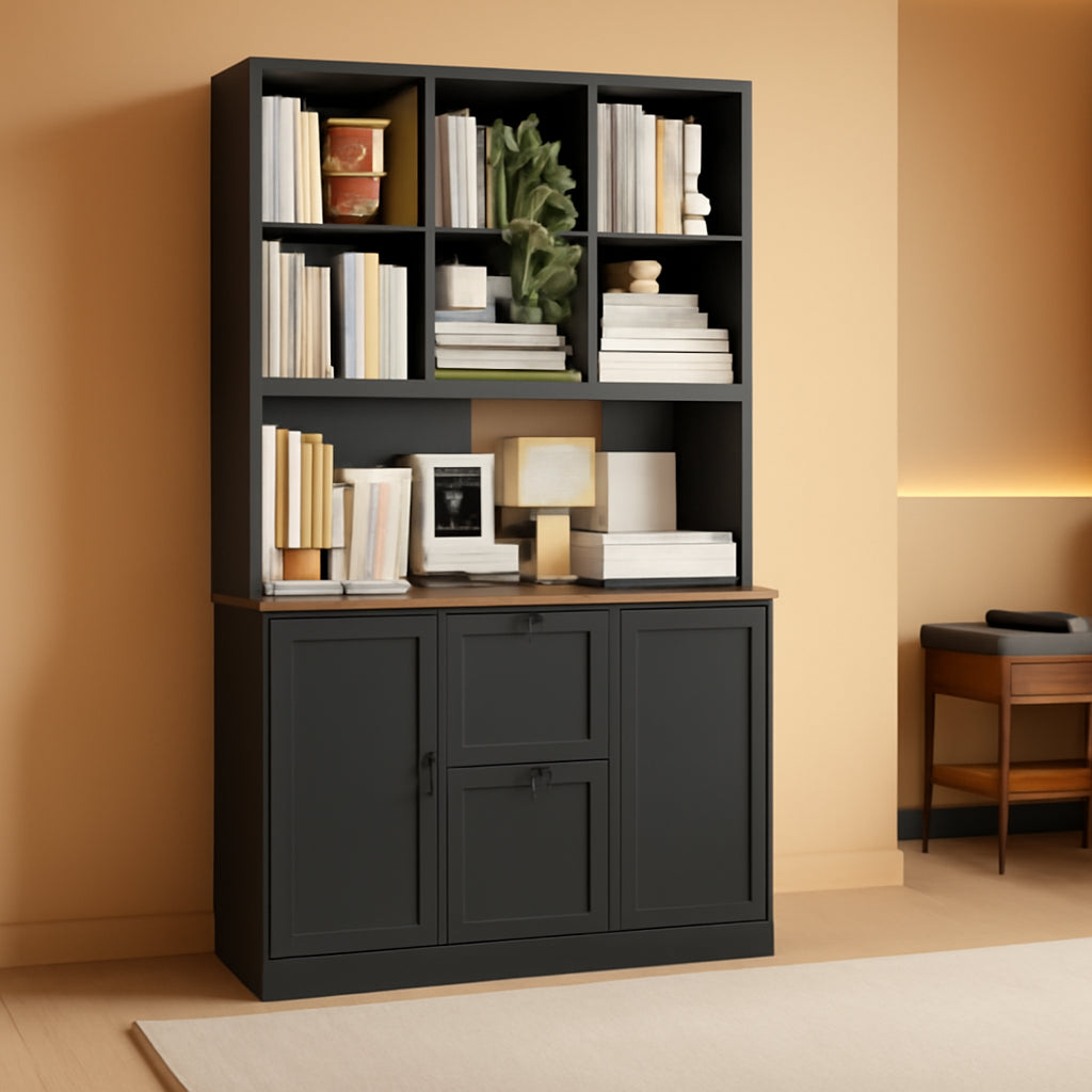 Seventy Two Inch Tall Black Bookcase With Power Out let System