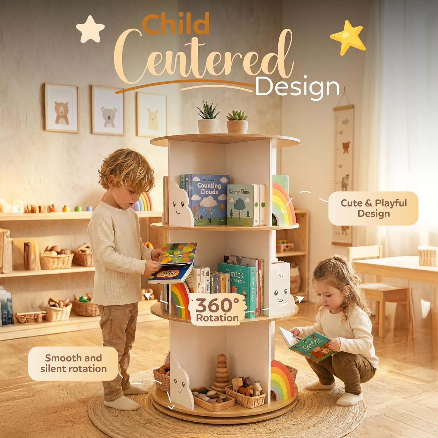 Rotating Kids Bookcase Three Sixty Degree White Wooden