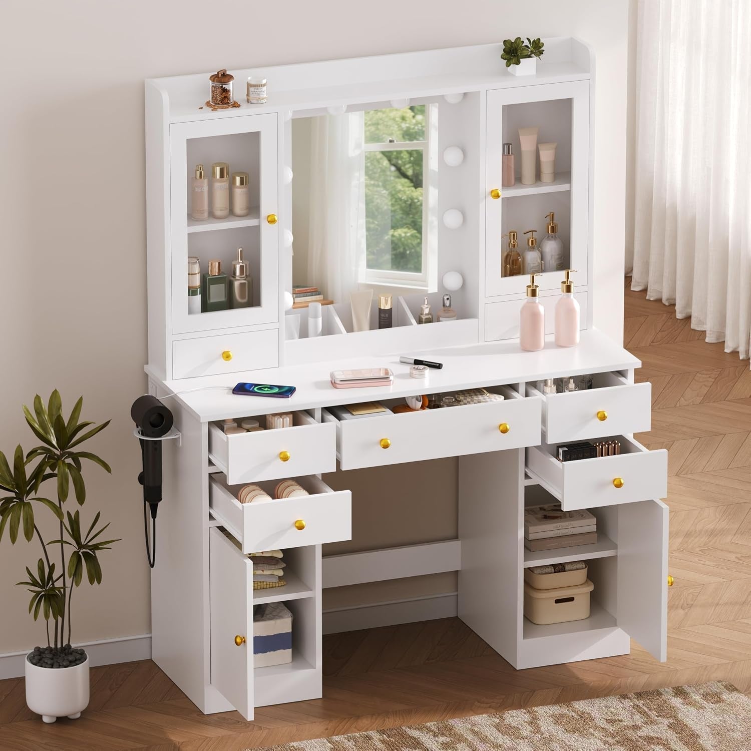 White Vanity Desk With Adjustable Multicolor Lighting