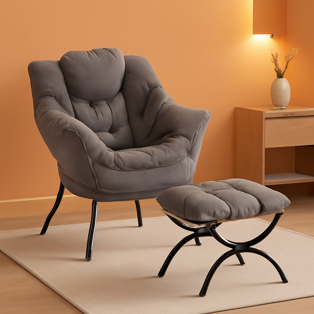 Dark Grey Velveteen Upholstered Ottoman Lounge Chair