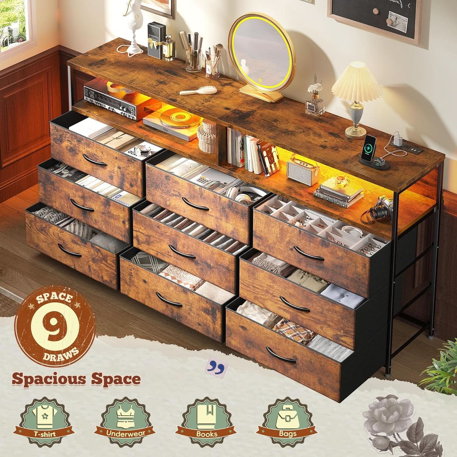 55 Inch Rustic Brown 9-Drawer Entertainment Dresser
