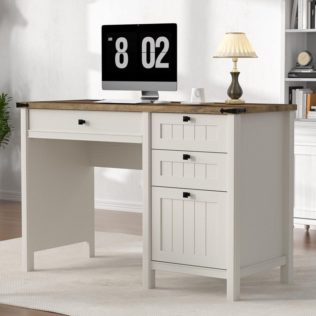 Antique White 45 Inch Farmhouse Computer Desk With Drawers