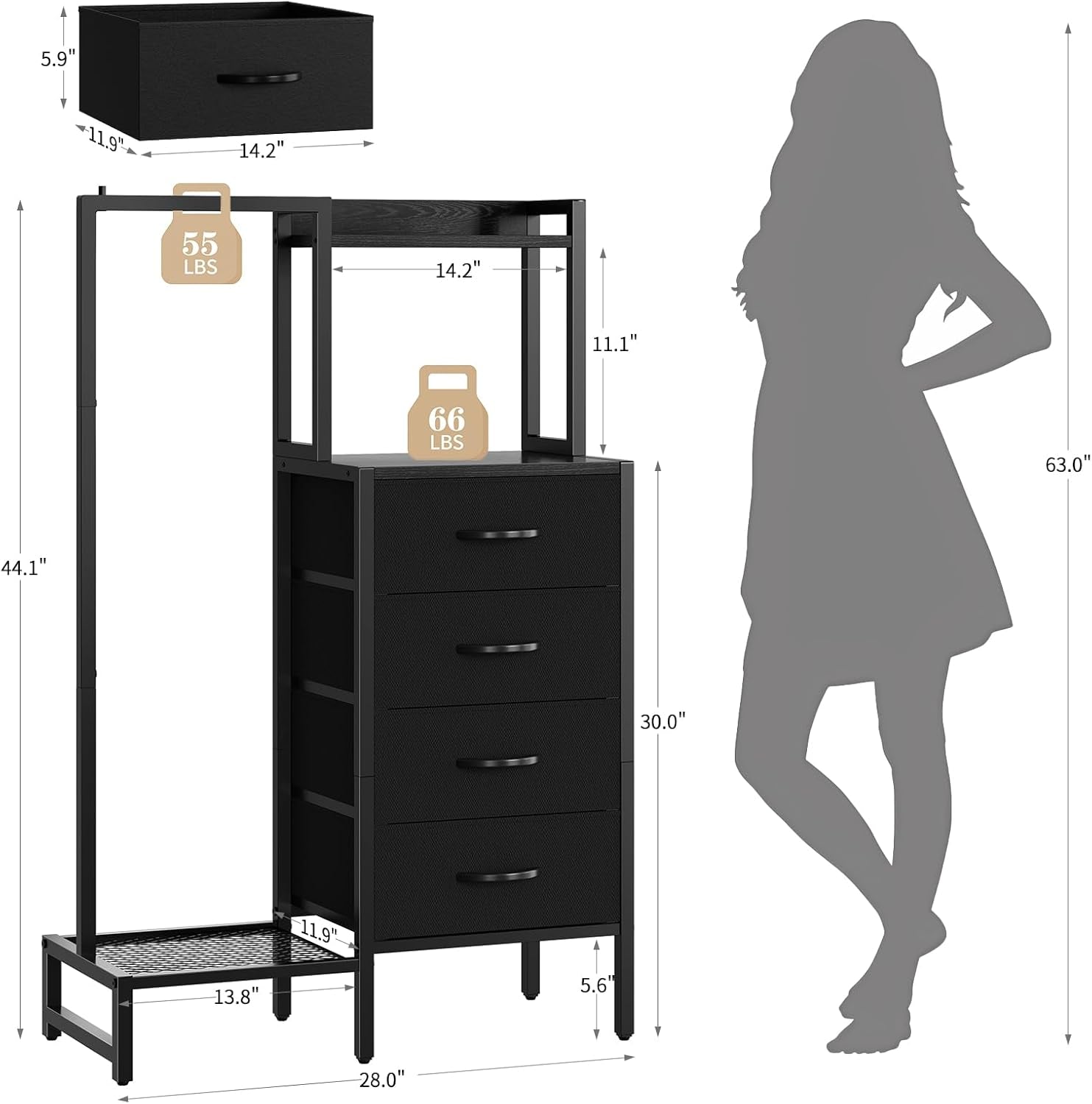 Black Dresser With Hanging Rack 44 Inch Space Saver Pro