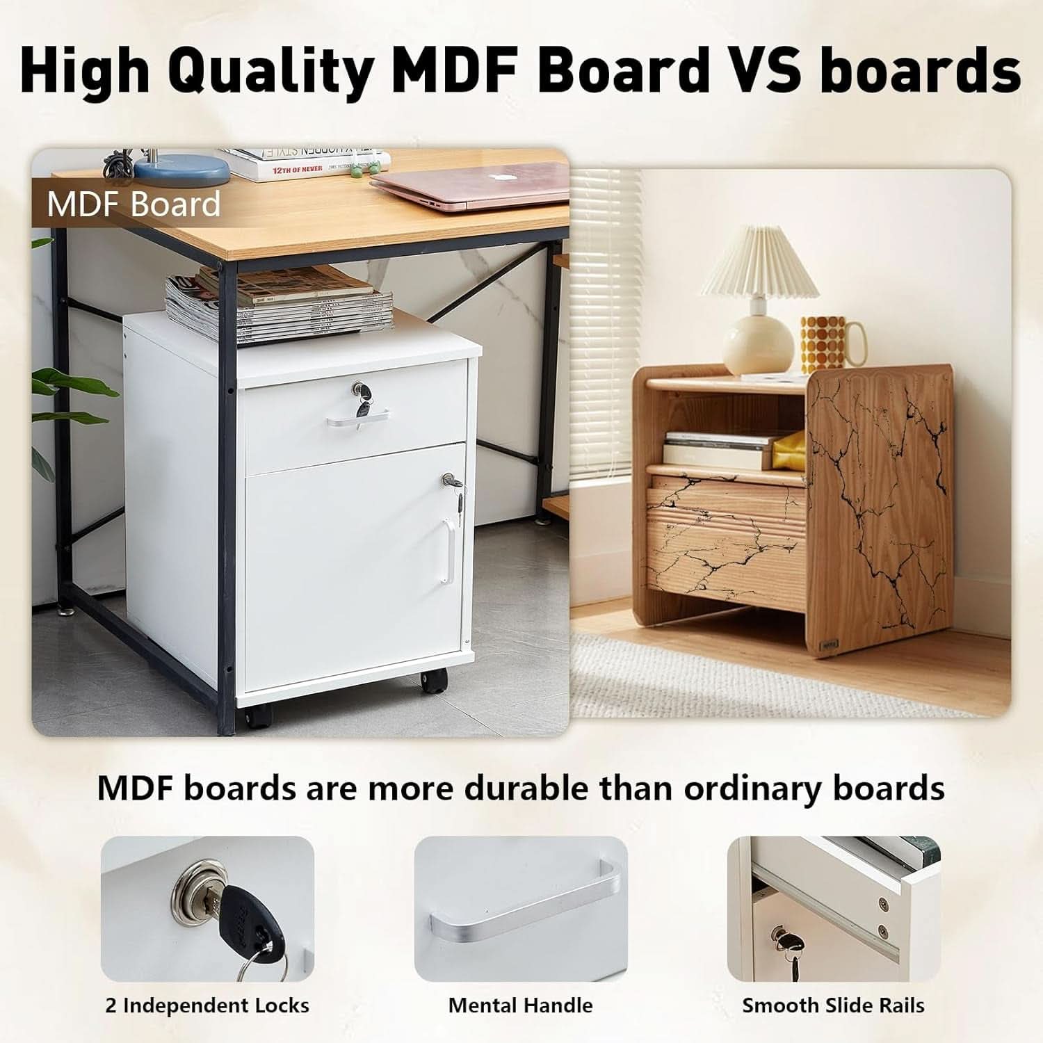 White Mobile File Cabinet With Lockable Drawer And Door