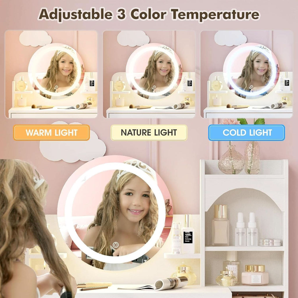 White Kids Premium Vanity Table Illuminated Mirror