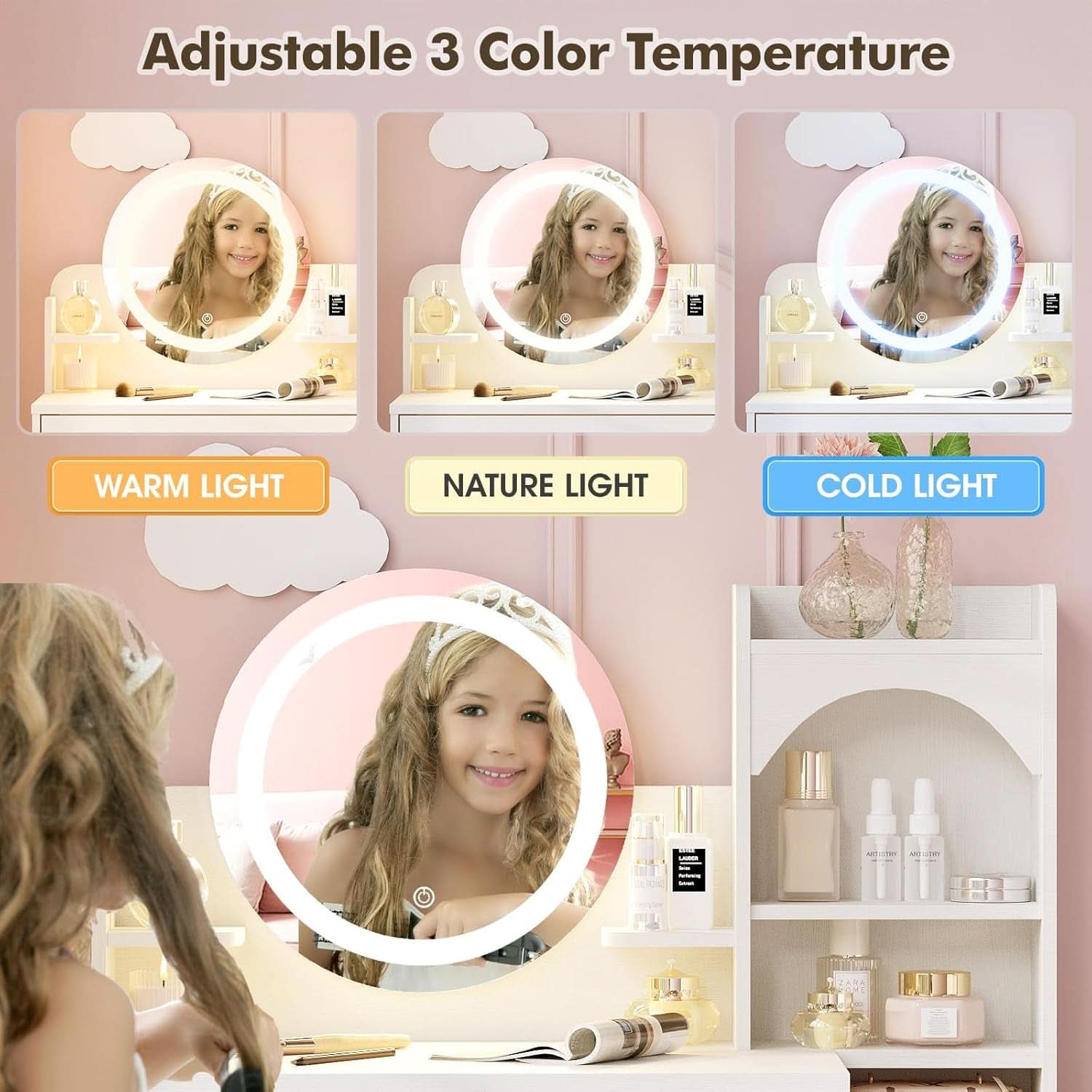 White Kids Premium Vanity Table Illuminated Mirror