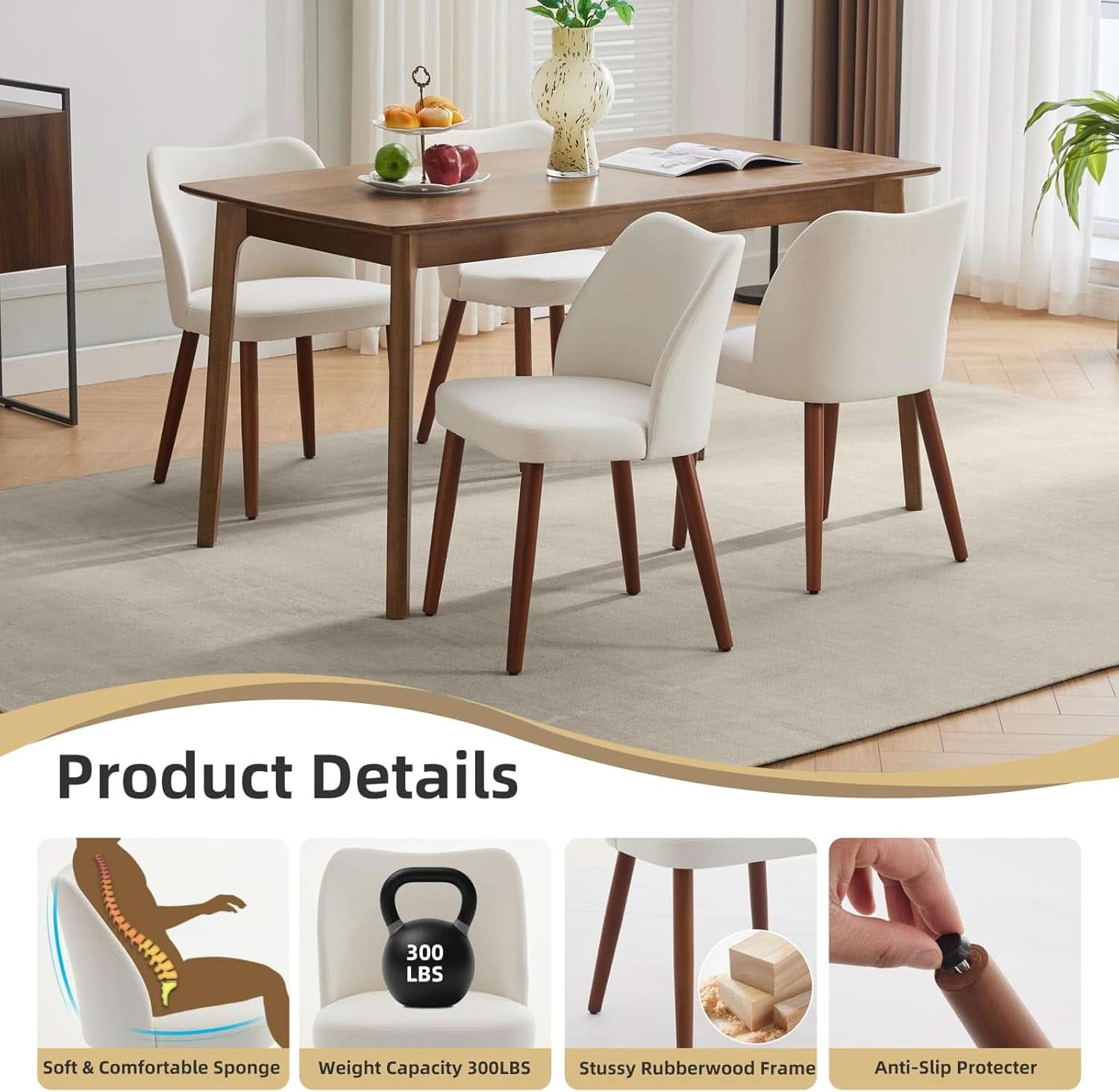 Cream White Upholstered Wooden Dining Chairs SetOf2