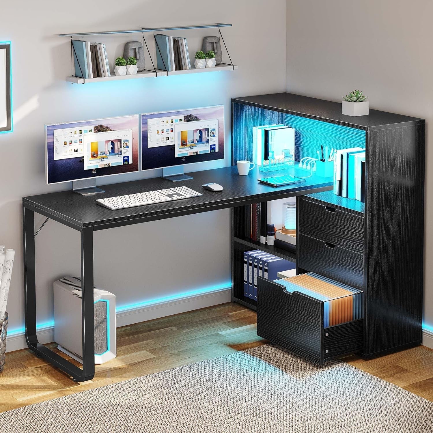 55 Inch L Shaped Desk With Integrated LED Outlets And Shelves