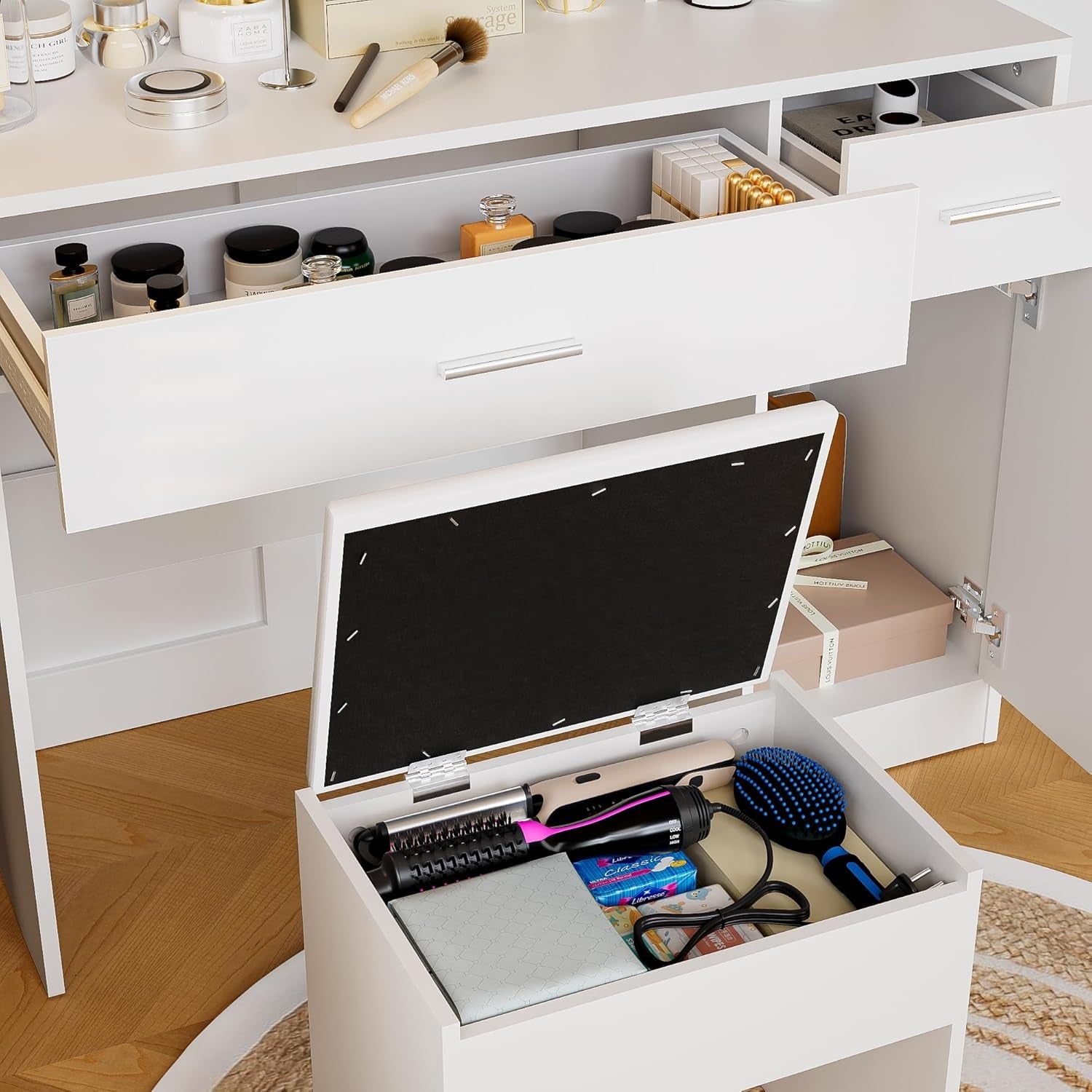 White Vanity Desk With Illuminated Cosmetics Storage