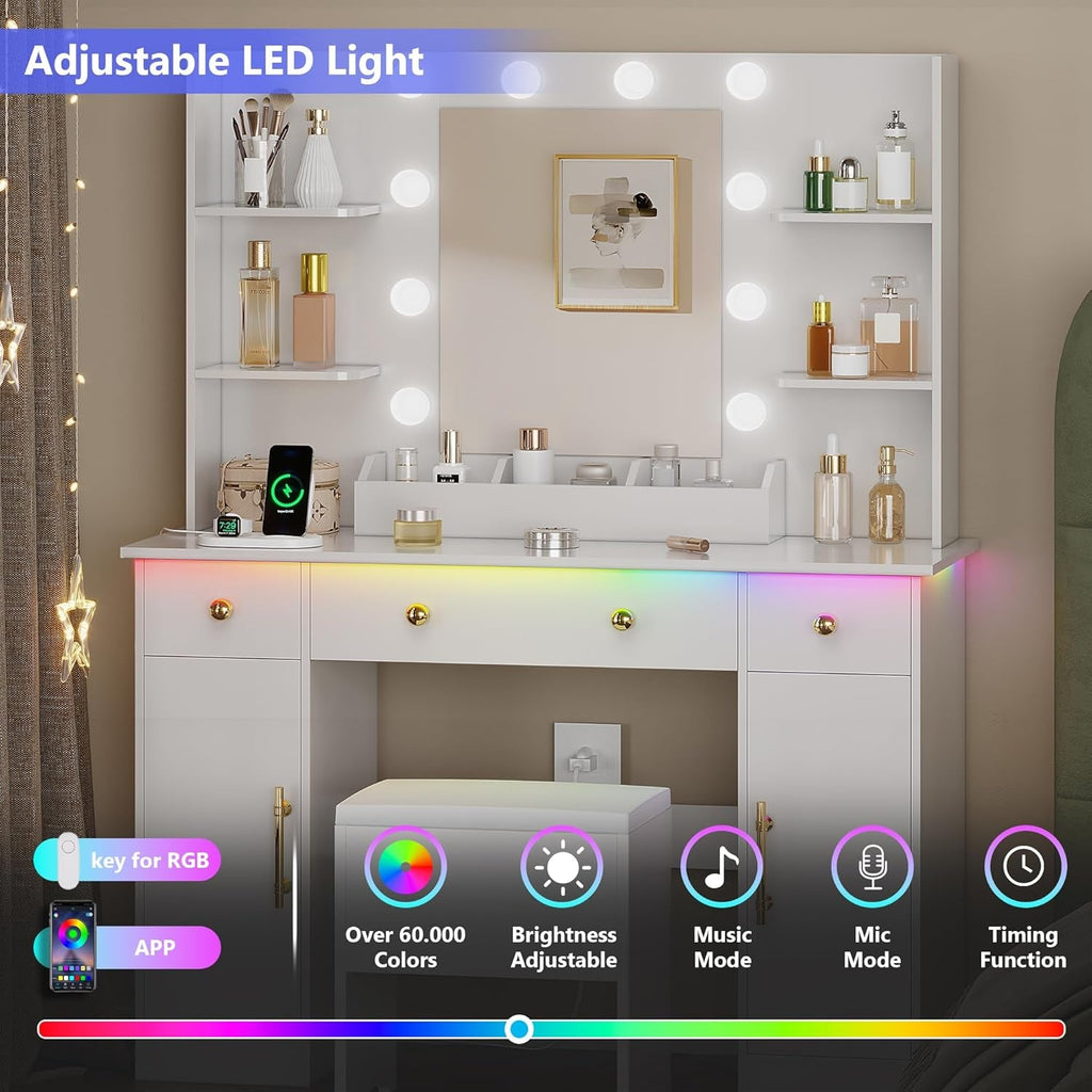 White Vanity Desk With Mirror LED Lighting System With USB Ports