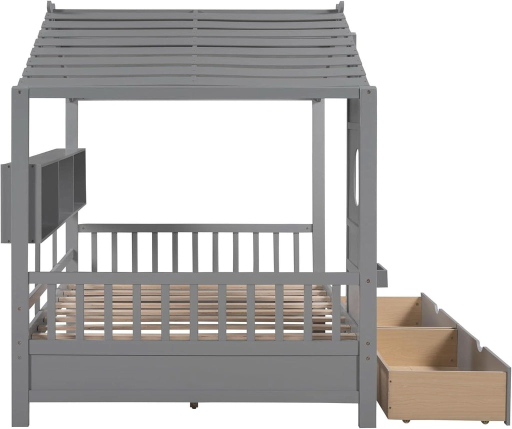 Kids Full Playhouse Bed With Drawers Shelves Storage