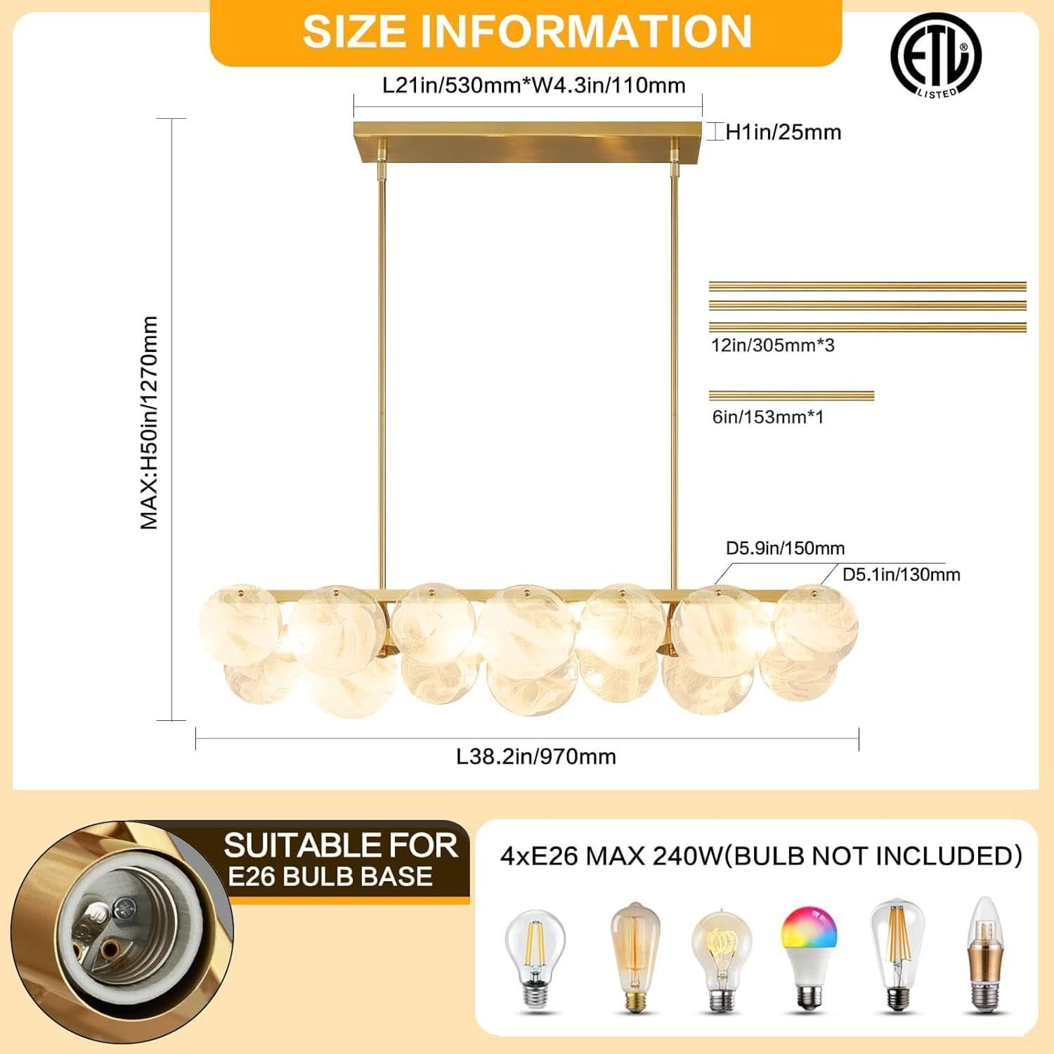 Gilded Rectangular Glass Chandelier 38.2 Inch Light