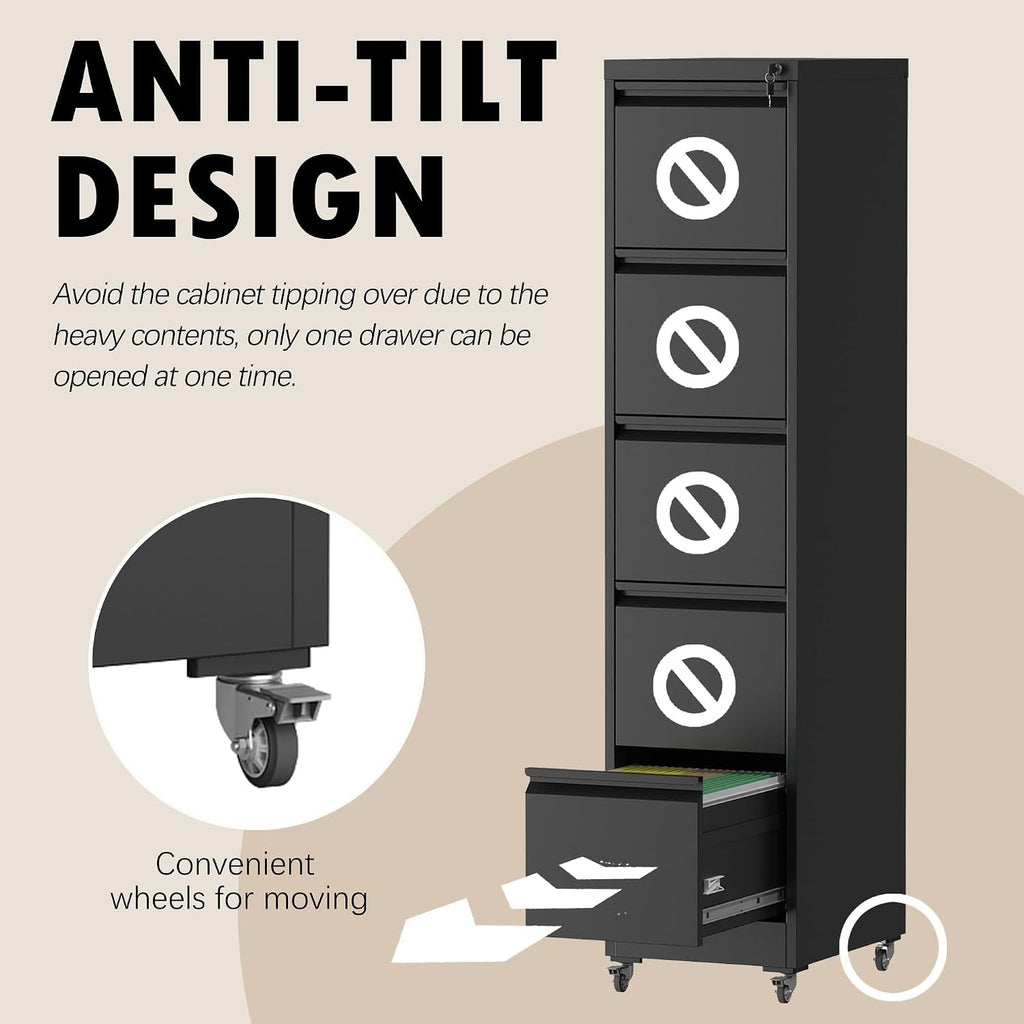 Black 5-Drawer Commercial-Grade Filing Cabinet Lockable