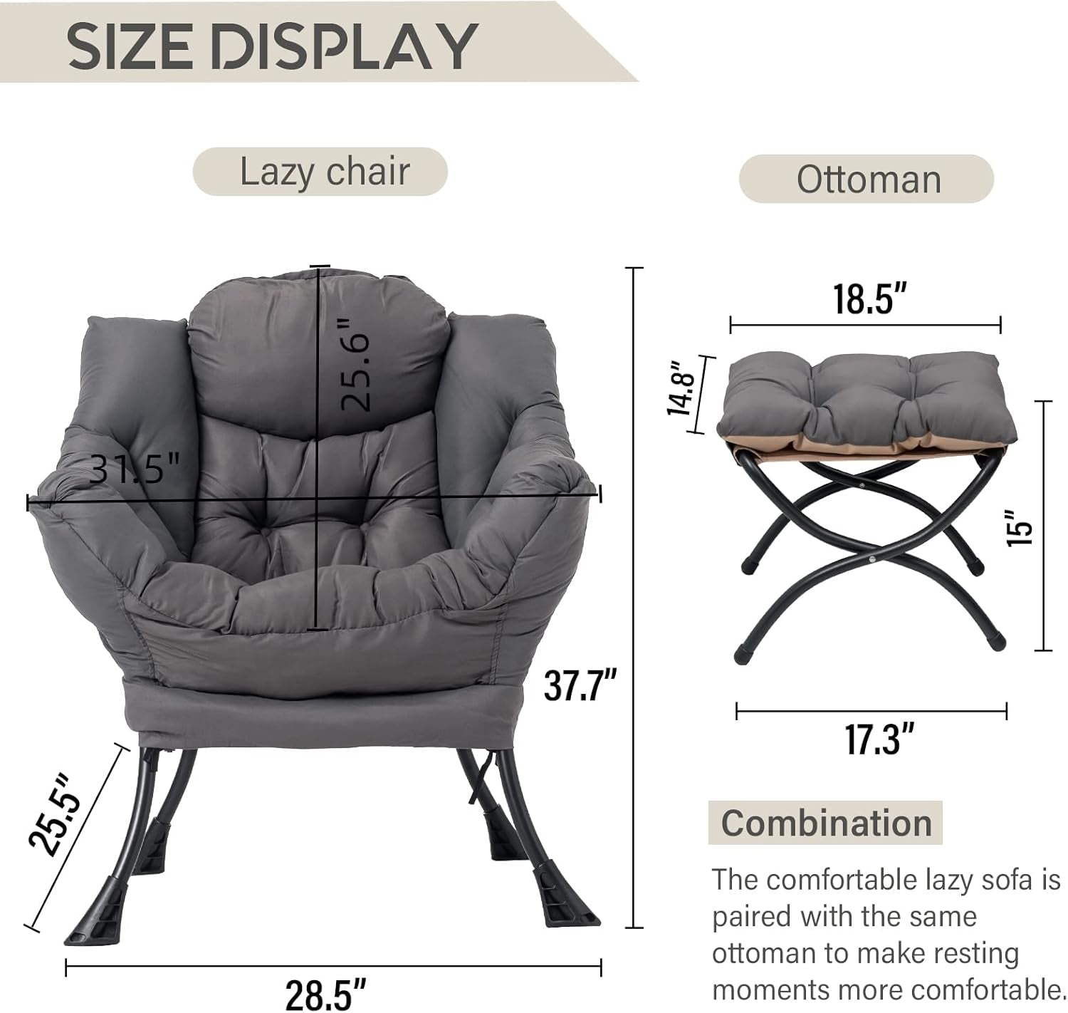 Dark Grey Velveteen Upholstered Ottoman Lounge Chair